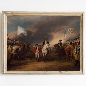 May include: A painting depicting a historical scene with a group of people on horseback, wearing military uniforms, and holding flags. The scene is set outdoors, with a cloudy sky in the background.