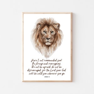 Joshua 1:9 Be Strong and Courageous Print | Christian Wall Art | Bible Verse | Scripture Print | African Lion Illustration | Boys Nursery