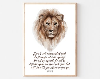 Joshua 1:9 Be Strong and Courageous Print | Christian Wall Art | Bible Verse | Scripture Print | African Lion Illustration | Boys Nursery