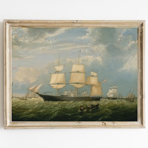 The Golden State Entering New York Harbor by Fitz Henry Lane Printable | Maritime Oil Painting | Early Americana Art | Clipper Ship Art