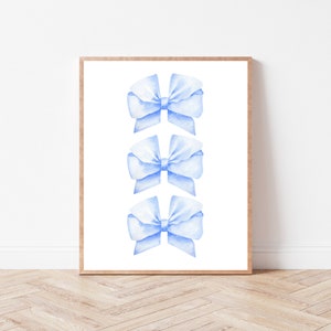 Watercolor Blue Bow Trio Art Print | Instant Download | Grand Millennial | Feminine Dainty Illustration | Nursery Room Decor | Kids Room