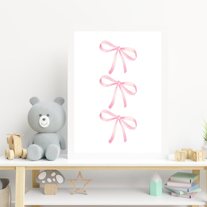 Watercolor Blush Bow Trio Art Print Instant Download Grand Millennial Feminine Dainty Illustration Nursery Room Decor Kids Room image 4