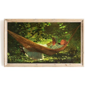 Girl Reading a book in a hammock Samsung Frame TV Art, Winslow Homer Tv Art, Bibliophile TV Art, Bookworm Art, Cottagecore Art, Book Lover