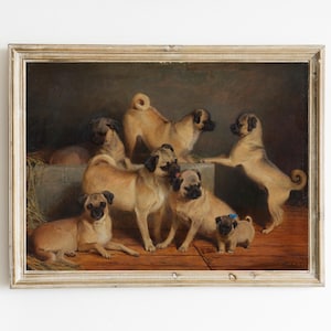 Uma família de pugs por Charles Burton Barber para impressão, arte de parede vintage de pug, impressão de cachorro da era vitoriana, pintura de retrato de animal de estimação, presente para amantes de cães