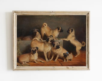 May include: A vintage oil painting depicting a group of eight pug dogs in a brown and tan color scheme. The pugs are arranged in a playful and affectionate manner, with some standing, sitting, and lying down. The painting is framed in a light wood frame.