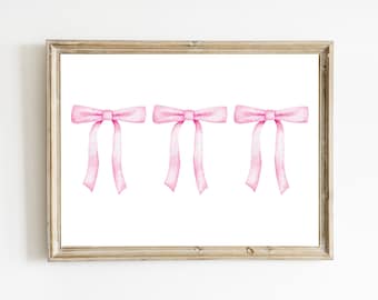Trio di fiocchi rosa acquerello stampabili / Grande arte millenaria / Decorazione per la cameretta delle bambine / Illustrazione femminile delicata / Cameretta per bambini