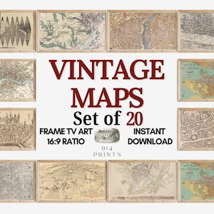 Pode incluir: Uma coleção de vinte mapas vintage dispostos em grade, apresentando vários estilos cartográficos históricos em tons suaves. O texto central diz VINTAGE MAPS Set of 20, FRAME TV ART 16:9 RATIO, INSTANT DOWNLOAD e 914 PRINTS.