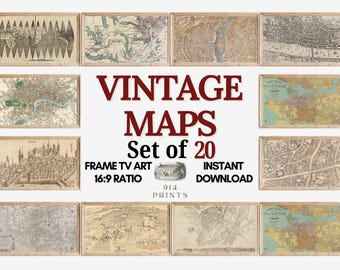 Vintage Maps Frame TV Art Set of 20 Bundle | Paris France | Digital Download | Atlas | Maps of the World | Classroom Artwork | River Thames
