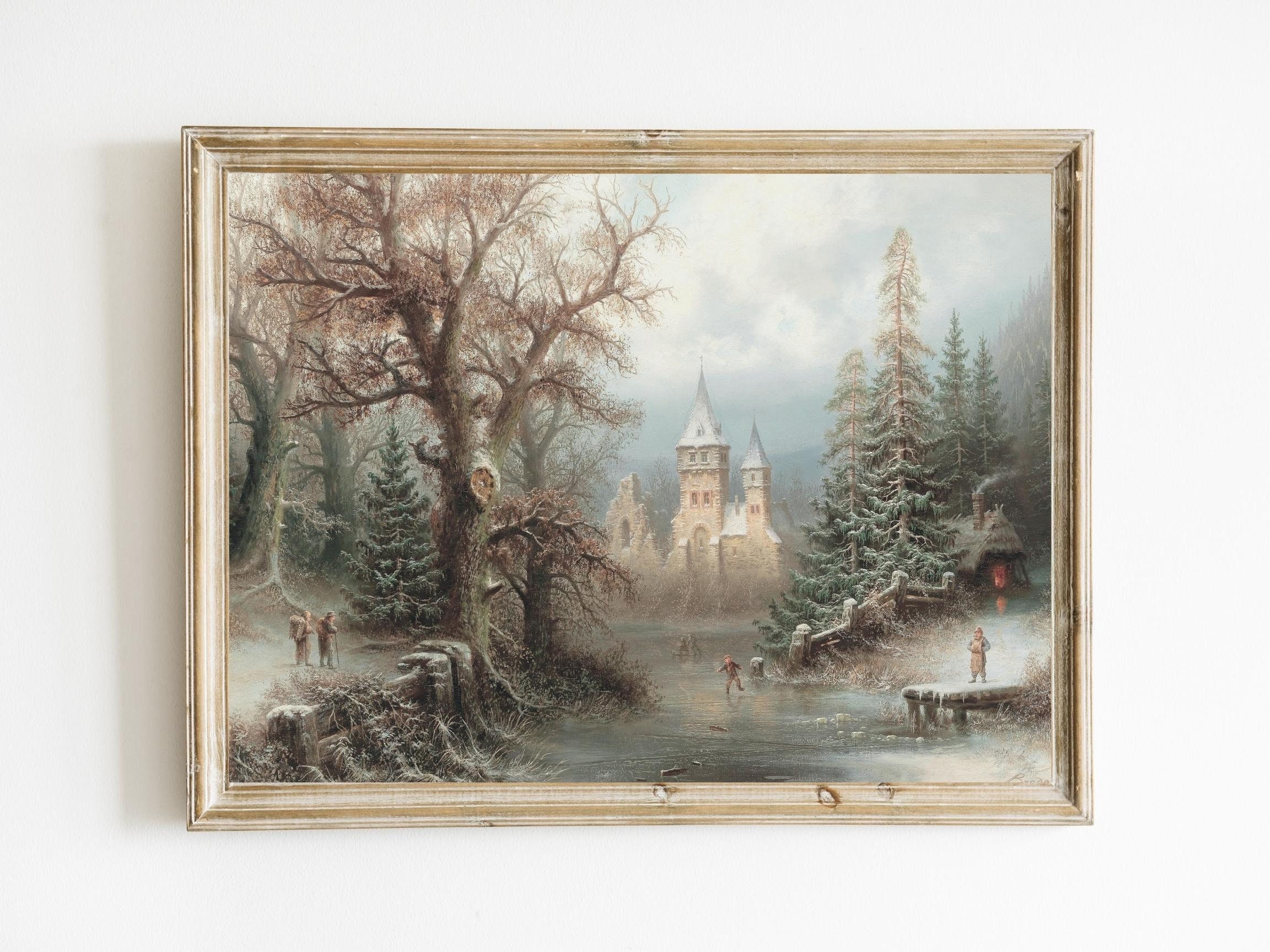Albert Bredow - afdrukbaar romantisch winterlandschap met schaatsers | Besneeuwde kasteelkunst | Traditioneel winters tafereel | Humeurig winterlandschap