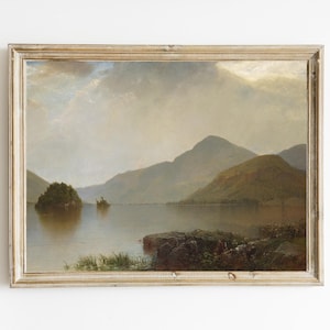 John Frederick Kensett - Lake George Printable | Adirondack Mountains | Mountain Landscape | Lakehouse Cabin Art | New York State Painting