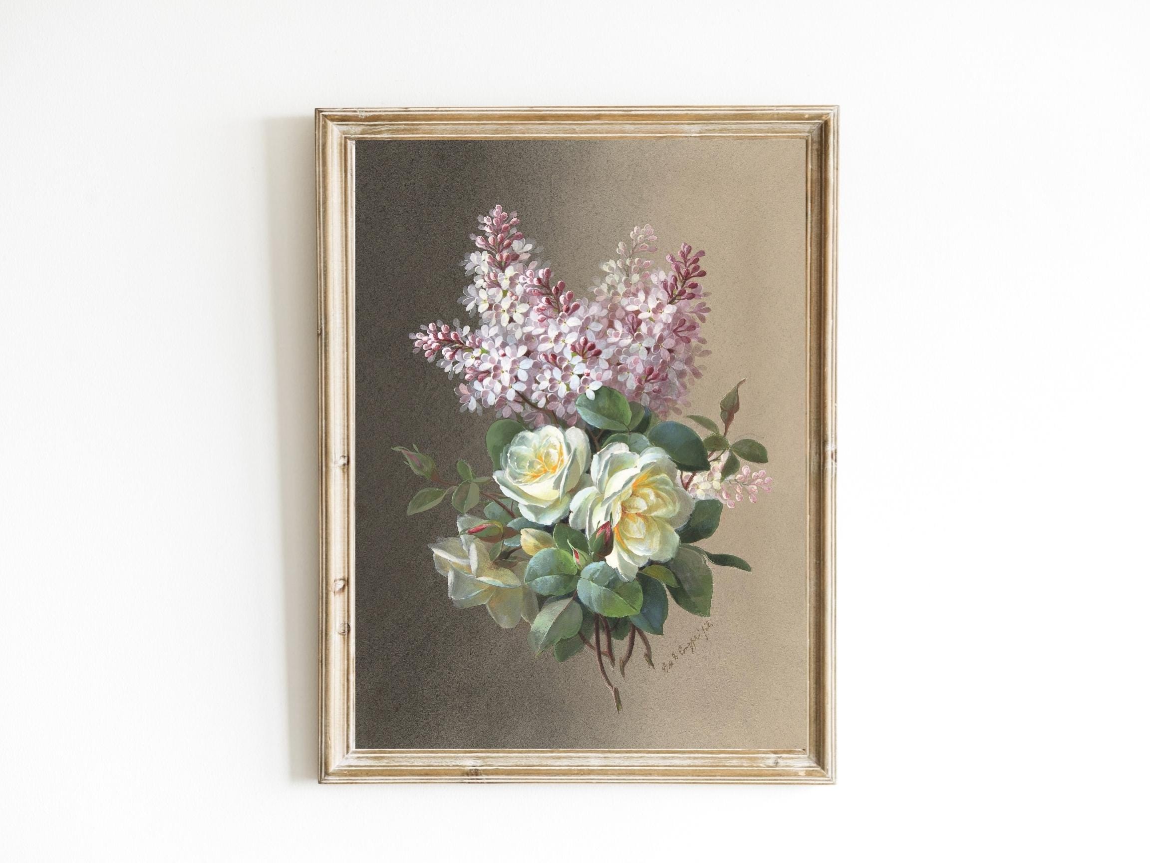 Vintage Purple Lilac and Rose Print,  Nature Illustration, Grand Millennial Fine Art, Botanical Flower, Coastal Grandmother, Southern Living