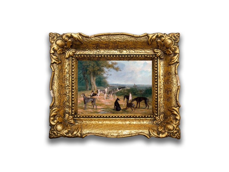 May include: A framed oil painting depicting a group of greyhounds in a wooded landscape. The dogs are standing and sitting in a clearing, with a small figure in the background. The painting is set in a gold frame with ornate details.