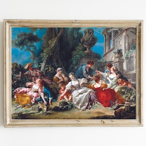 François Boucher The Bird Catchers Printable, Coquette Painting, Vintage French Painting, Rococo Style, Feminine Art, Coquette Wall Art