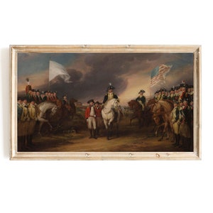 May include: A painting depicting a historical scene with a group of soldiers on horseback, led by a figure in a red coat and a white hat. The soldiers are holding flags, including the American flag. The scene is set against a cloudy sky.