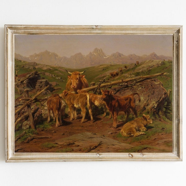 Rosa Bonheur - Sevrage des veaux imprimable | Paysage de campagne français en sourdine | Peinture de vache | paysage Français vintage | Montagnes des Pyrénées