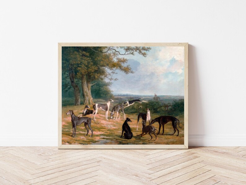 May include: A painting of a group of greyhounds in a wooded landscape. The dogs are in various poses, some running, some standing, and some lying down. The background is a lush green forest with a blue sky and white clouds.