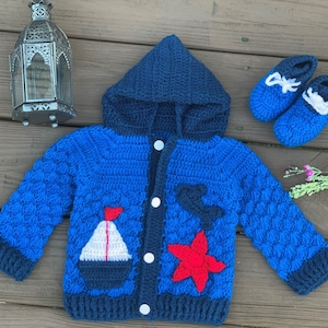 Handmade Wool Crochet Baby Cardigan Set: Nautical Newborn Outfit baby shower, newborn photo prop, baby gift Crochet boots