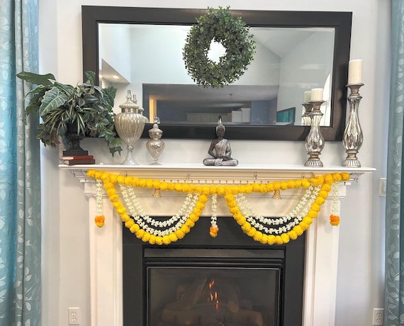 Marigold Bell Garland: Indian Wedding Diwali Decor, Pooja Toran 5 ft long garland Diwali decor, Pooja and wedding decorations