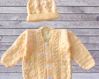Handmade Wool Knit Baby Sweater Set: Mustard Yellow Cardigan & Hat 2 piece Yellow Knit Baby toddler Sweater