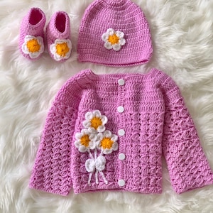 Handmade 3 piece Purple Daisy Floral Baby Girl Wool Newborn Crochet Set-Includes Cardigan, booties and beanie hat- baby shower, newborn Gift