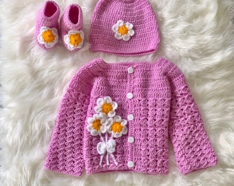 Handmade Wool Crochet Baby Set: Purple Daisy Cardigan, Booties & Beanie Includes Cardigan, booties and beanie hat- baby shower, newborn Gift