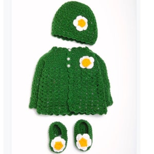 Green  Floral Baby Girl outfit Wool Newborn Crochet Set-Includes Cardigan, booties and beanie hat- baby shower, Fall baby outfit,