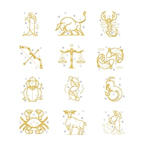 Zodiac signs embroidery design  Pack 12 designs  - 4 sizes Instant Download