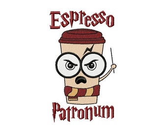 May include: A cartoon illustration of a coffee cup with a red lid and a lightning bolt on the side. The cup is wearing glasses and a red and gold scarf. The cup is holding a wand and the text "Espresso Patronum" is below the cup.