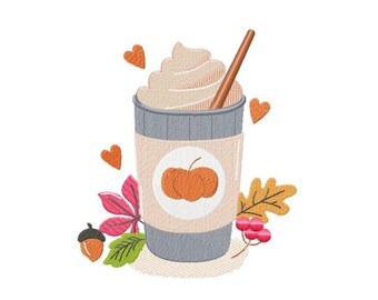 May include: A gray and white to-go cup with a brown straw and whipped cream on top. The cup has a pumpkin design and is surrounded by fall leaves and hearts.