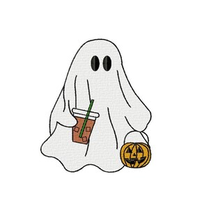 Halloween Ghost with Iced Coffee embroidery design -  4 sizes Instant Download