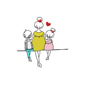 Puede incluir: Un dibujo a línea de una madre y dos niños que se toman de la mano, todos mirando en la misma dirección, de espaldas al espectador. La madre lleva un vestido amarillo, el niño lleva pantalones azules y la niña lleva un vestido rosa. Hay tres corazones rojos sobre sus cabezas.