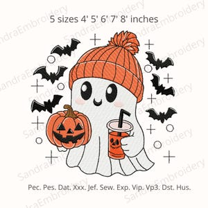 Halloween Ghost with coffee embroidery design - cute pumpkin embroidery design - 5 sizes Instant Download