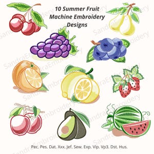 Summer Fruit Machine Embroidery Set – 10 Designs Instant Download Strawberry Apple Cherry Lemon Avocado Watermelon & More