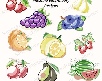 Summer Fruit Machine Embroidery Set – 10 Designs Instant Download Strawberry Apple Cherry Lemon Avocado Watermelon & More