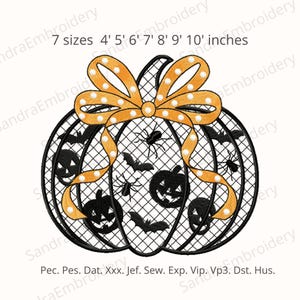 May include: Black and orange Halloween pumpkin design with a bow and spider and bat accents. The design is available in 7 sizes, ranging from 4 to 10 inches. The text "Sandra Embroidery" is visible.