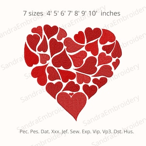 May include: A red heart design composed of smaller hearts, with the text "7 sizes 4' 5' 6' 7' 8' 9' 10' inches". The design is likely for embroidery or a similar craft project. The design is on a white background.