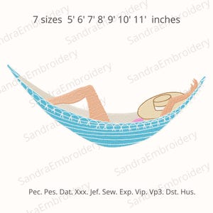 May include: An embroidery design featuring a person relaxing in a blue and white hammock. The design includes the text "7 sizes 5' 6' 7' 8' 9' 10' 11' inches" and various file format abbreviations.