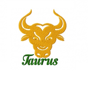 May include: A gold bull head with a green "Taurus" text below it. This is a zodiac sign illustration.