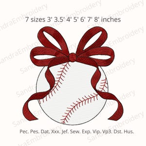 May include: A white baseball with red stitching and a burgundy ribbon bow. The text "7 sizes 3' 3.5' 4' 5' 6' 7' 8' inches" is above the baseball. The design is for embroidery.