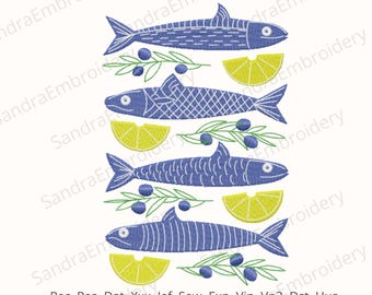 Fish & Lemon Machine Embroidery Design – Mediterranean Sardines with Olives – 7 Sizes – Instant Download