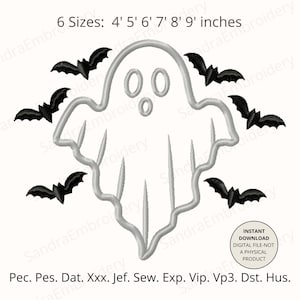 May include: An embroidery design featuring a central white ghost outline with two oval eyes and a circular mouth, surrounded by six small black bats. Text at the top reads 6 Sizes: 4' 5' 6' 7' 8' 9' inches. Bottom text lists file formats: Pec. Pes. Dat. Xxx. Jef. Sew. Exp. Vip. Vp3. Dst. Hus.