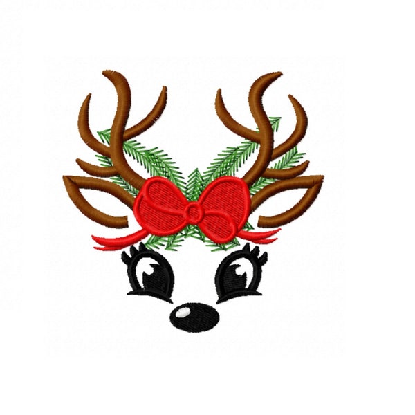 Face reindeer christmas embroidery design - 5 sizes Instant Download