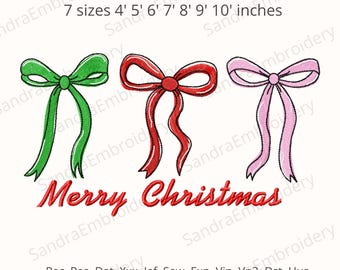 May include: An embroidered design featuring three decorative bows in green, red, and pink, with the text "Merry Christmas" in red. The design is available in seven sizes, ranging from 10.16 cm to 25.4 cm.