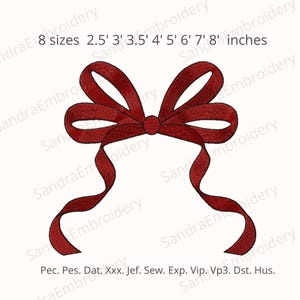 May include: A digitally embroidered design of a red bow with flowing ribbons. The image includes text indicating eight sizes, ranging from 6.35 cm to 20.32 cm. The design is suitable for embroidery projects.