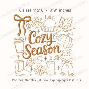 Cozy Season Autumn Embroidery Design – Fall Outline Stitch – Pumpkin, Leaves, Coffee, Candle – 6 Sizes – Instant Download
