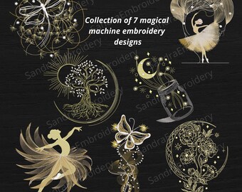 Puede incluir: Colección de 7 diseños mágicos de bordado a máquina en dorado sobre fondo negro. Los diseños incluyen una libélula, una bailarina, un árbol, un tarro con estrellas, una mariposa y elementos florales. El texto dice "Collection of 7 magical machine embroidery designs".