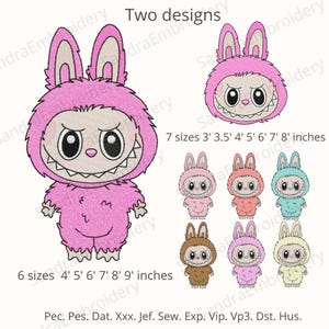 Labubu embroidery design - bundle two embroidery designs- pes file labubu- cute cartoon embroidery design - 6 sizes Instant Download