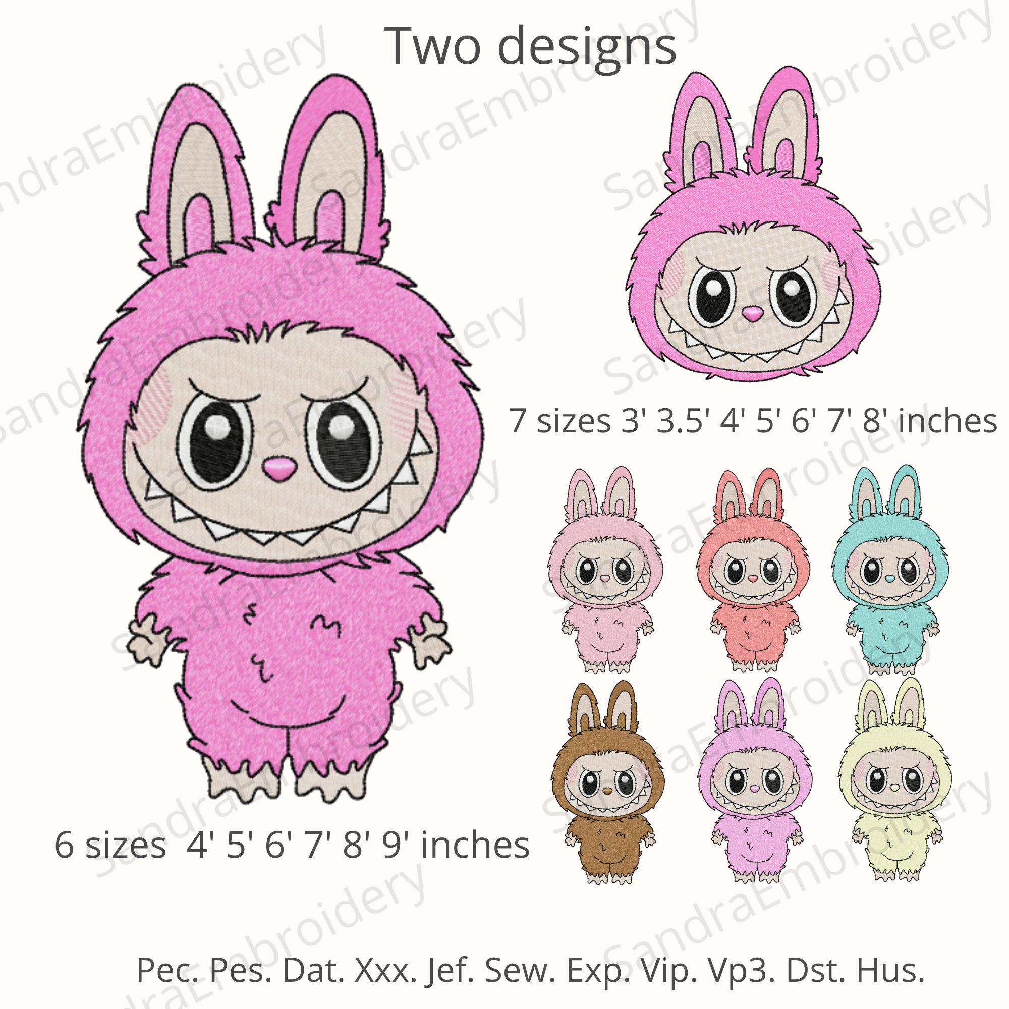 Labubu embroidery design - bundle two embroidery designs- pes file labubu- cute cartoon embroidery design - 6 sizes Instant Download