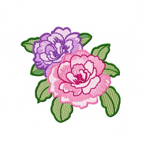May include: Embroidered design featuring two pink and purple flowers with green leaves.
