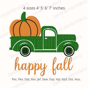 Happy Fall Truck Embroidery Design – Pumpkin Vintage Truck Machine Embroidery File – Autumn Harvest Decor – 4 Sizes Instant Download